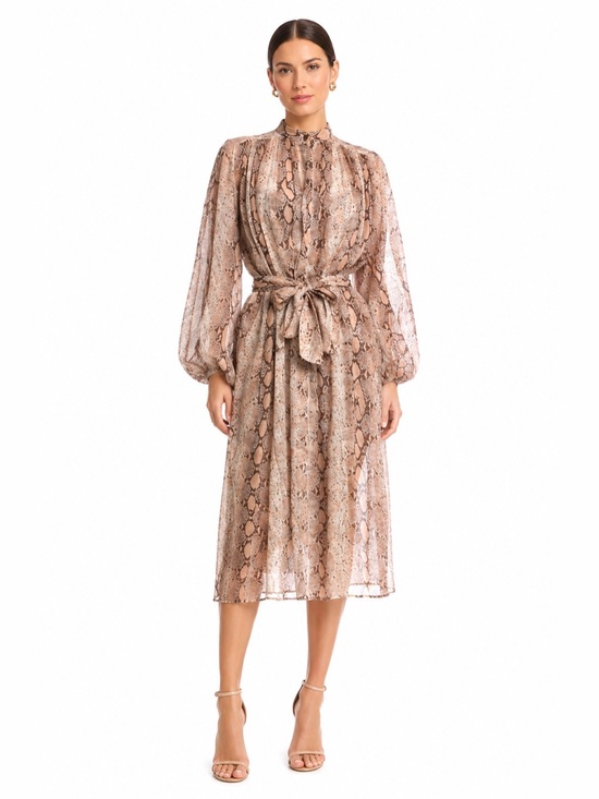 Zimmermann Dresses & Skirts - Zimmermann Snake Print Ramie Midi Dress Tie Waist Mock Neck size 0/XS